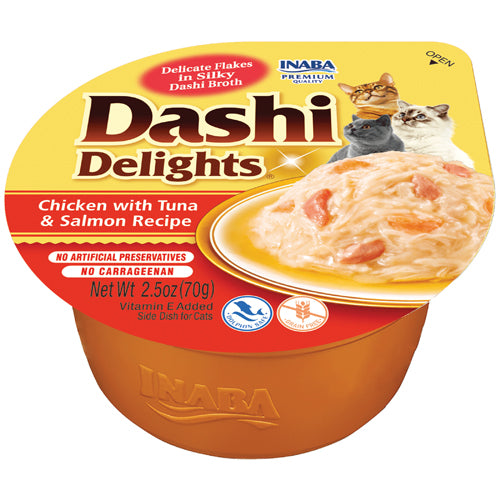 INABA GATTO DASHI DELIGHTS ADULTO RICETTA POLLO, TONNO & SALMONE CUP 70 GR