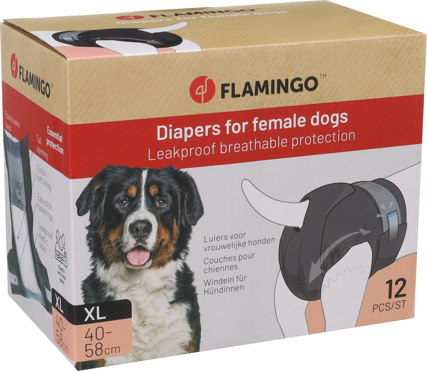 FLAMINGO CANE PANNOLINI PER FEMMINA "DIPY" CF. (12 PZ) TG. "XL" 40-58 CM