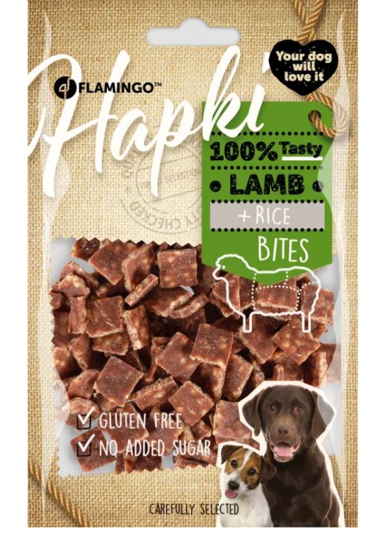 FLAMINGO CANE SNACK "HAPKI" CUBETTI DI AGNELLO & RISO 85 GR