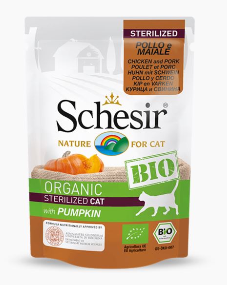SCHESIR GATTO BIO ORGANIC BUSTA ADULTO STERILIZZATO POLLO, MAIALE & ZUCCA 85 GR