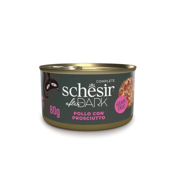 SCHESIR GATTO AFTER DARK GRAIN FREE ADULTO POLLO & PROSCIUTTO LATTINA 80 GR