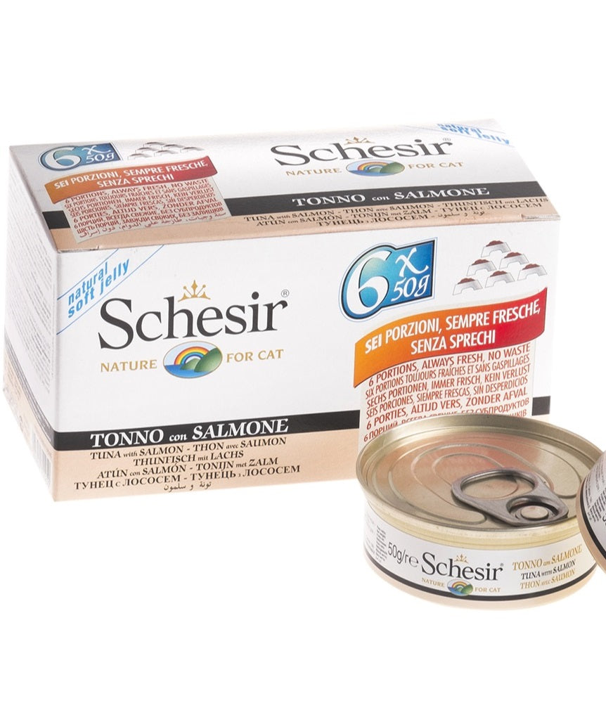 SCHESIR GATTO LATTINA IN JELLY MULTIPACK ADULTO TONNETTO & SALMONE CF. (6X50) GR