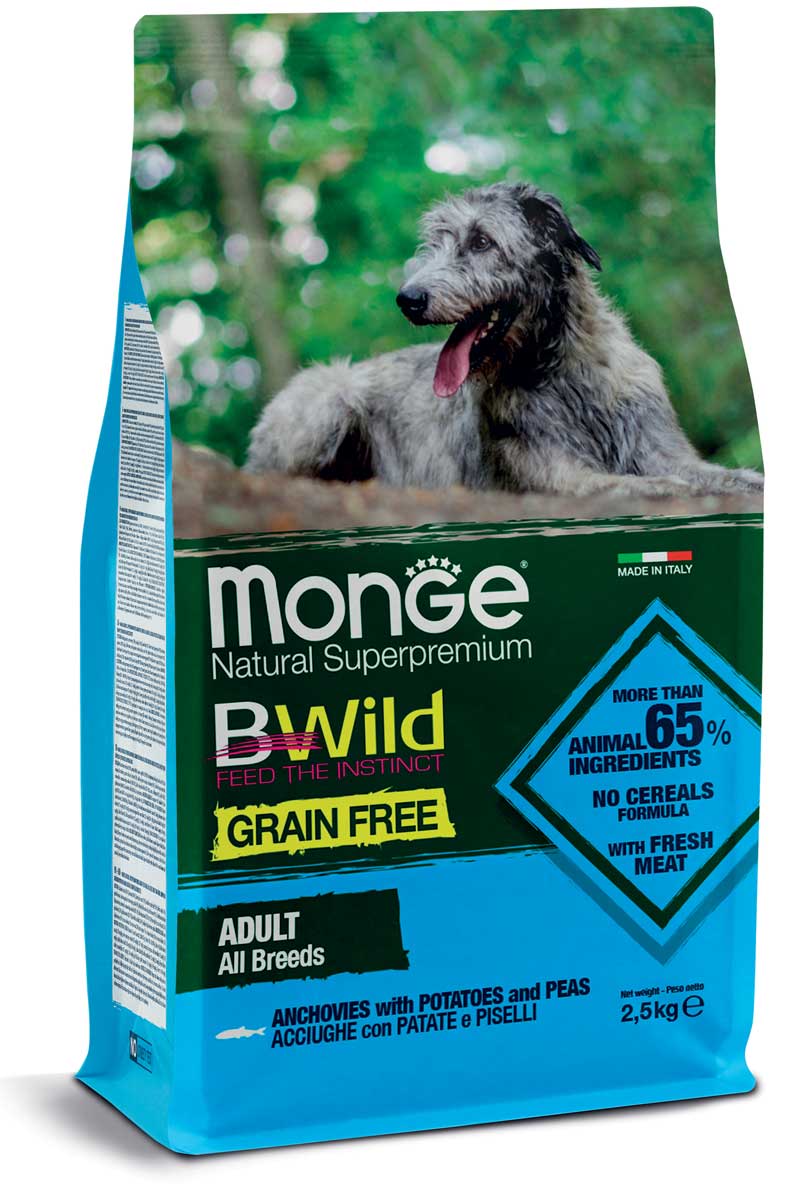MONGE CANE BWILD GRAIN FREE ADULTO ALL BREEDS ACCIUGHE, PATATE & PISELLI 2,5 KG