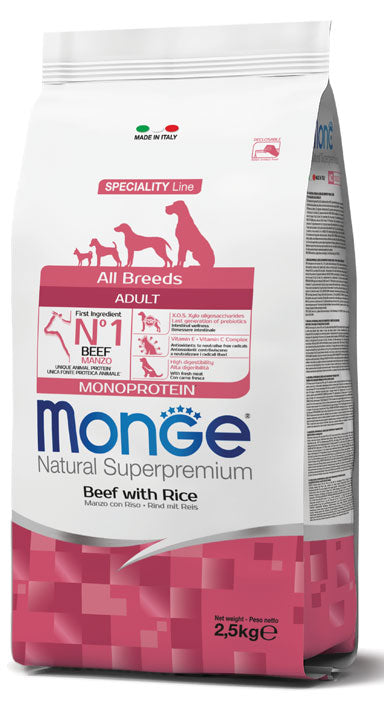 MONGE CANE NATURAL SUPERPREMIUM ADULTO ALL BREEDS MANZO & RISO 2,5 KG