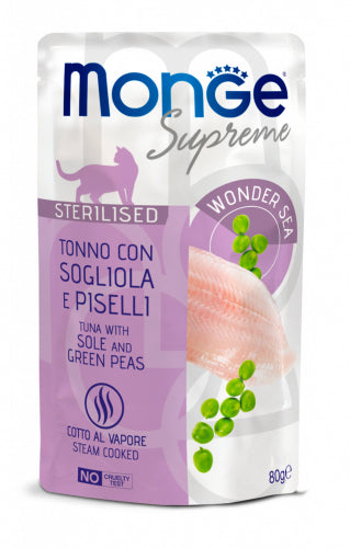 MONGE GATTO SUPREME BUSTA ADULTO STERILIZZATO TONNO, SOGLIOLA & PISELLI 80 GR