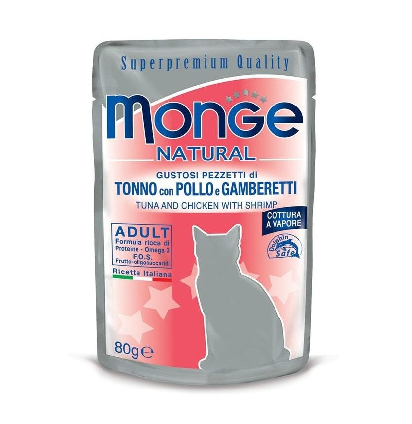 MONGE GATTO NATURAL BUSTA ADULTO TONNO, POLLO & GAMBERETTI 80 GR