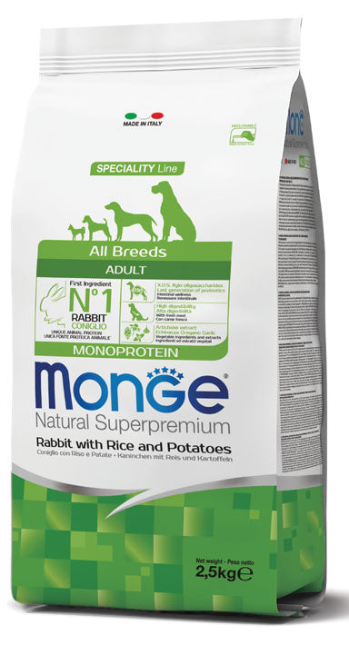 MONGE CANE NATURAL SUPERPREMIUM ADULTO ALL BREEDS CONIGLIO, RISO & PATATE 2,5 KG