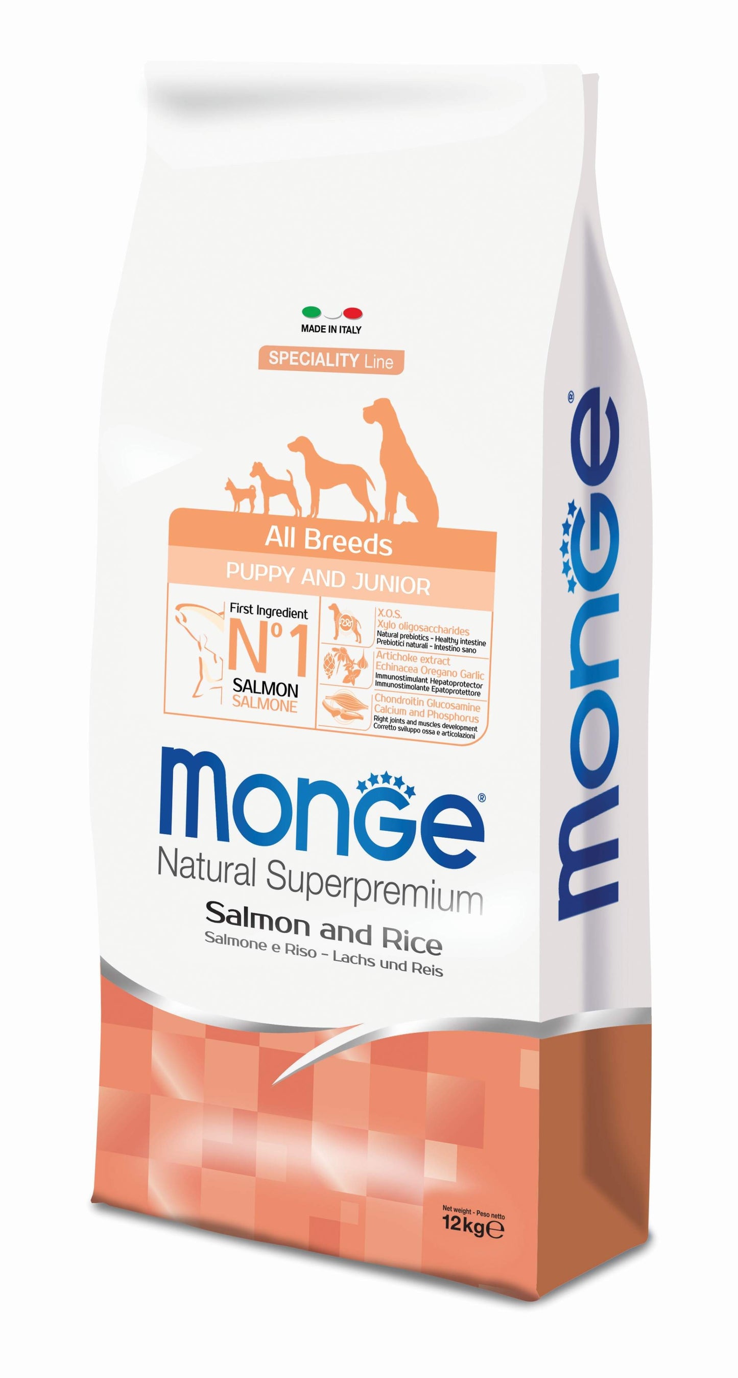 MONGE CANE NATURAL SUPERPREMIUM PUPPY&JUNIOR ALL BREEDS SALMONE & RISO 12 KG