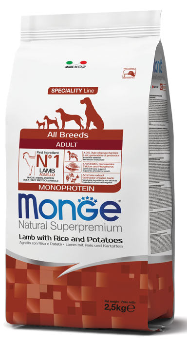 MONGE CANE NATURAL SUPERPREMIUM ADULTO ALL BREEDS AGNELLO, RISO & PATATE 2,5 KG