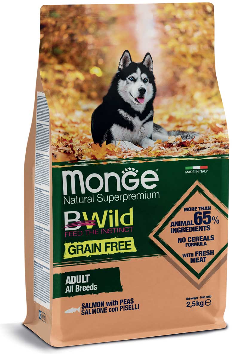 MONGE CANE BWILD GRAIN FREE ADULTO ALL BREEDS SALMONE & PISELLI 2,5 KG