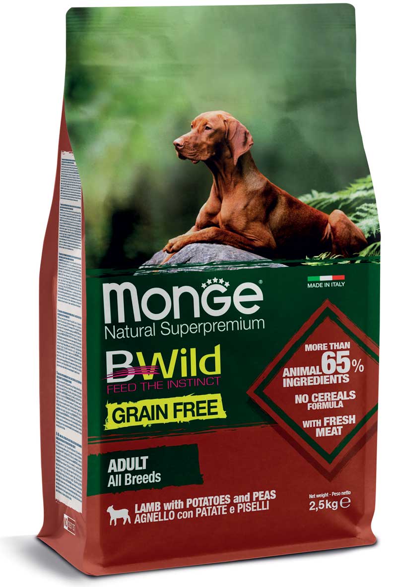 MONGE CANE BWILD GRAIN FREE ADULTO ALL BREEDS AGNELLO, PATATE & PISELLI 2,5 KG
