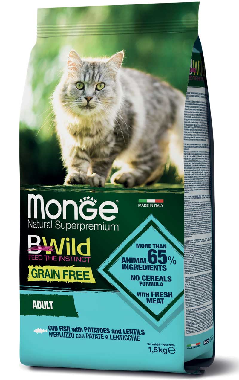 MONGE GATTO BWILD GRAIN FREE ADULTO MERLUZZO, PATATE & LENTICCHIE 1,5 KG