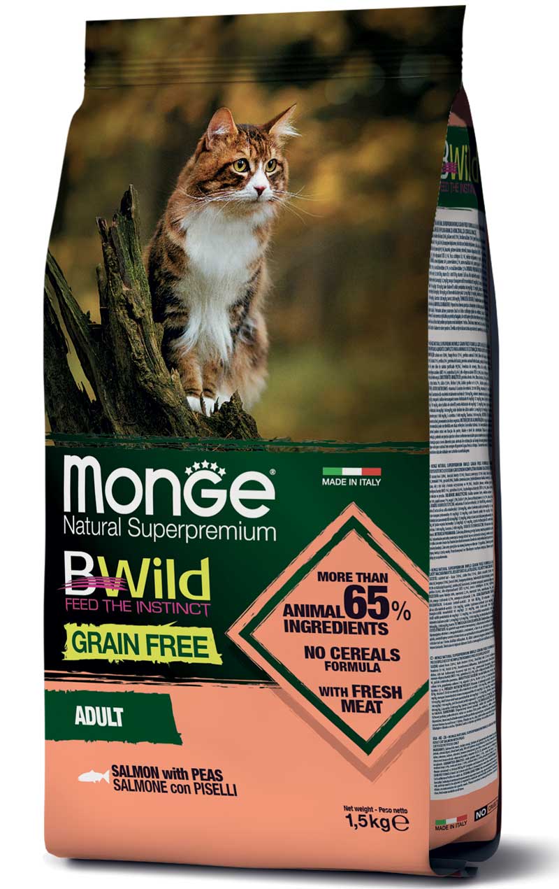 MONGE GATTO BWILD GRAIN FREE ADULTO SALMONE & PISELLI 1,5 KG