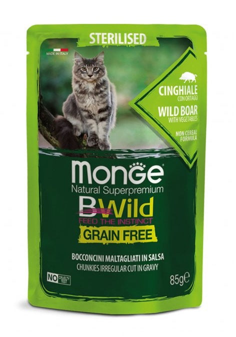 MONGE GATTO BWILD GRAIN FREE BUSTA ADULTO STERILIZZATO CINGHIALE & ORTAGGI 85 GR