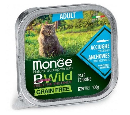 MONGE GATTO BWILD GRAIN FREE VASCHETTA ADULTO ACCIUGHE & ORTAGGI 100 GR