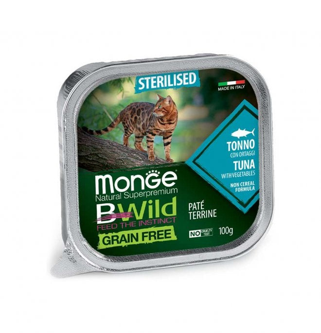 MONGE GATTO BWILD GRAIN FREE VASCHETTA ADULTO STERILIZZATO TONNO & ORTAGGI 100 GR