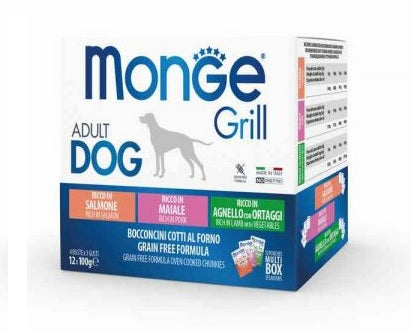 MONGE CANE GRILL MULTIBOX ADULTO SALMONE, MAIALE, AGNELLO CF. (12X100) GR