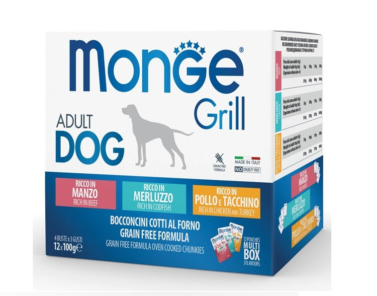 MONGE CANE GRILL MULTIBOX ADULTO MANZO, MERLUZZO, POLLO CF. (12X100) GR