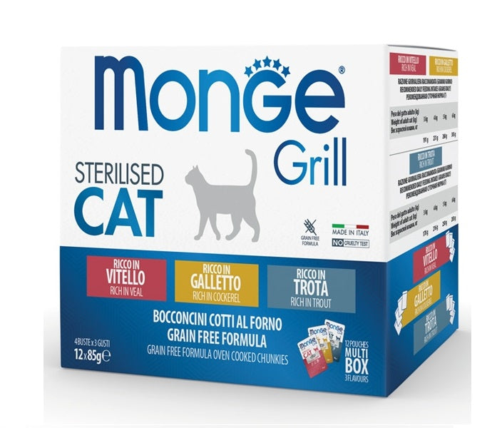 MONGE GATTO GRILL MULTIBOX ADULTO STERILIZZATO GALLETTO, VITELLO, TROTA CF. (12X85) GR