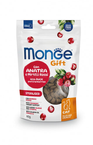 MONGE GATTO GIFT SNACK ADULTO STERILIZZATO ANATRA & MIRTILLI ROSSI 60 GR