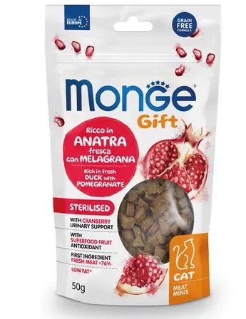 MONGE GATTO SNACK GIFT ADULTO STERILIZZATO ANATRA & MELAGRANA 50 GR