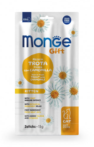 MONGE GATTO GIFT SNACK KITTEN TROTA FRESCA & CAMOMILLA CF. (3 STICK) 15 GR
