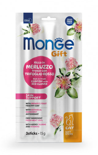 MONGE GATTO GIFT SNACK ADULTO SKIN SUPPORT MERLUZZO FRESCO & TRIFOGLIO ROSSO CF. (3 STICK) 15 GR