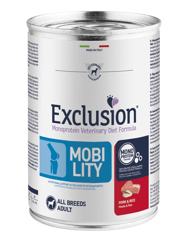 Exclusion Cane Diet Mobility Adulto All Breeds Maiale & Riso Lattina 200 g