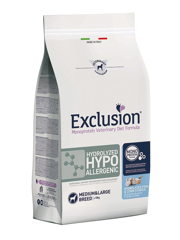 EXCLUSION CANE DIET HYDROLYZED HYPOALLERGENIC ADULTO MEDIUM&LARGE PESCE & AMIDO DI MAIS 12 KG