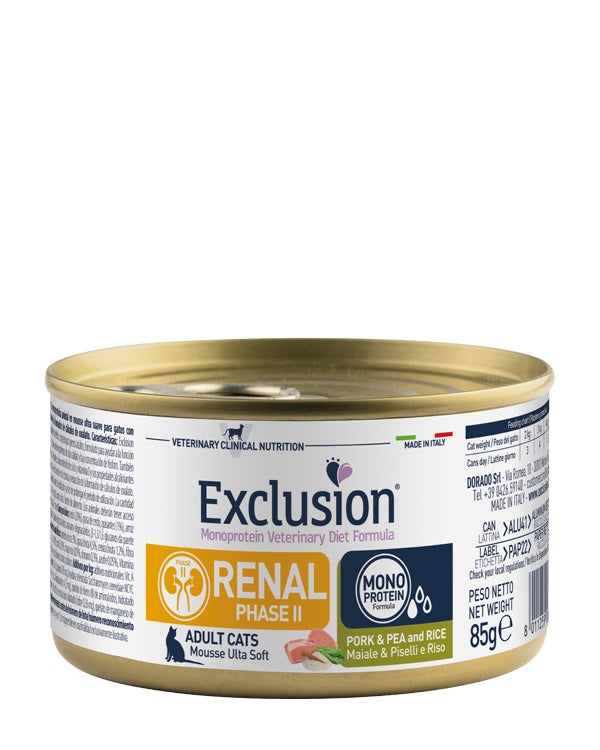 EXCLUSION GATTO DIET RENAL FASE 2 ADULTO MAIALE, PISELLI & RISO LATTINA 85 GR