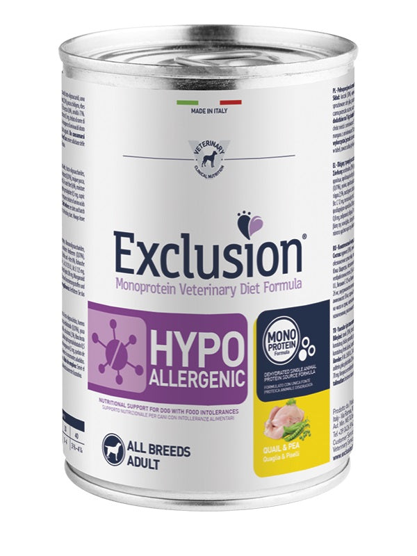 EXCLUSION CANE DIET HYPOALLERGENIC ADULTO ALL BREEDS QUAGLIA & PISELLI LATTINA 200 GR
