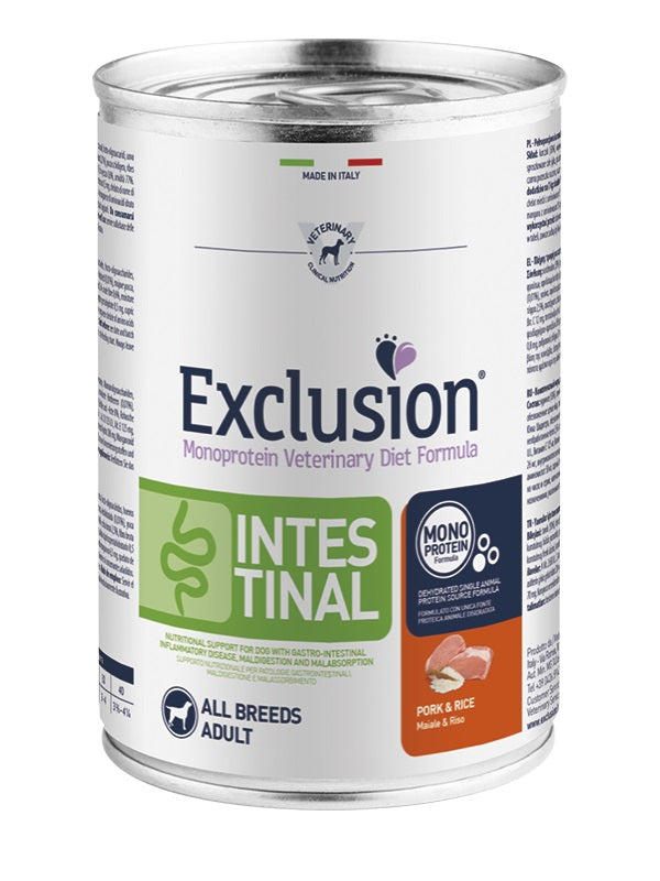 EXCLUSION CANE DIET INTESTINAL ADULTO ALL BREEDS MAIALE & RISO LATTINA 200 GR