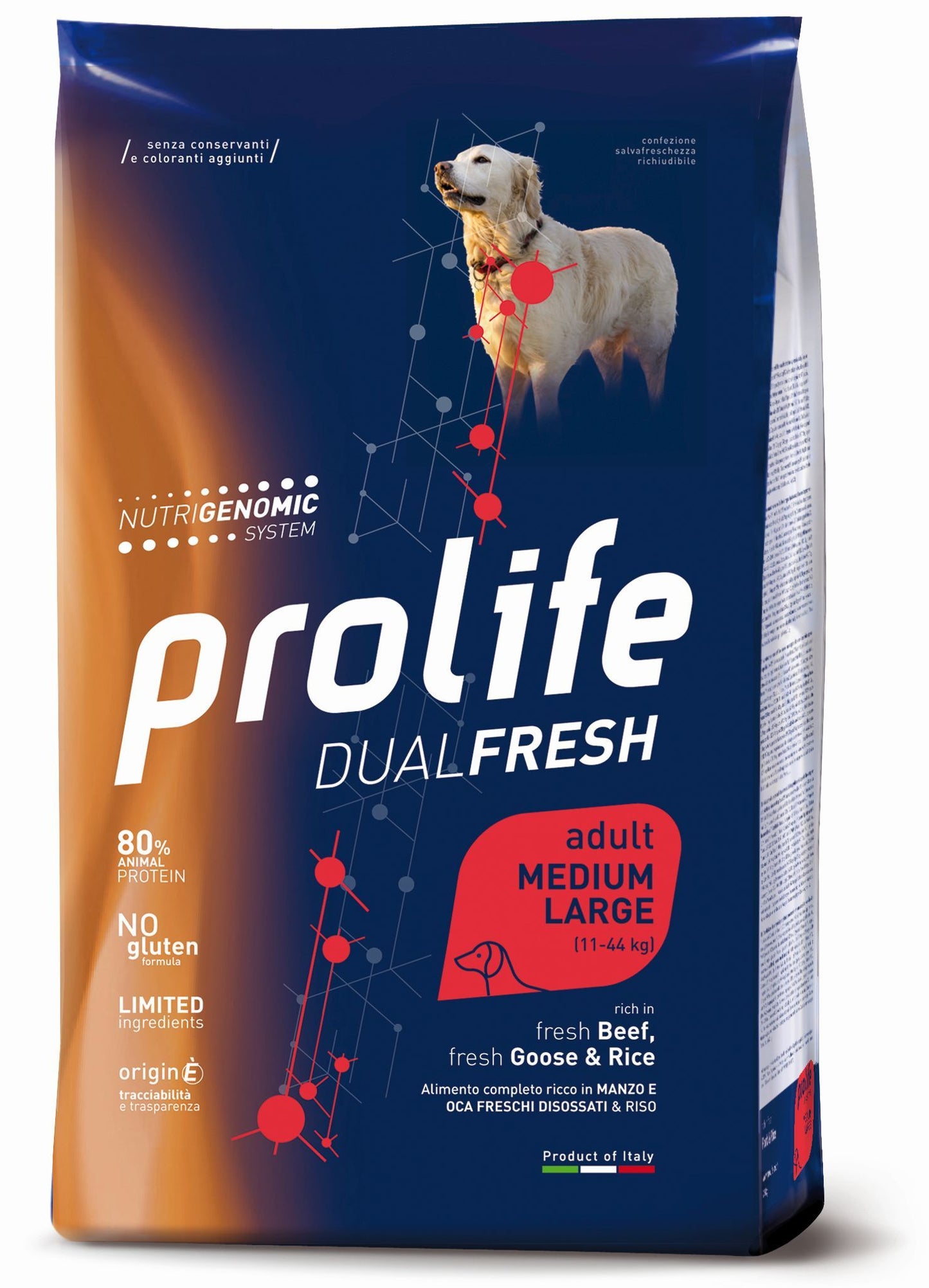 PROLIFE CANE DUAL FRESH ADULTO MEDIUM&LARGE MANZO, OCA & RISO 12 KG