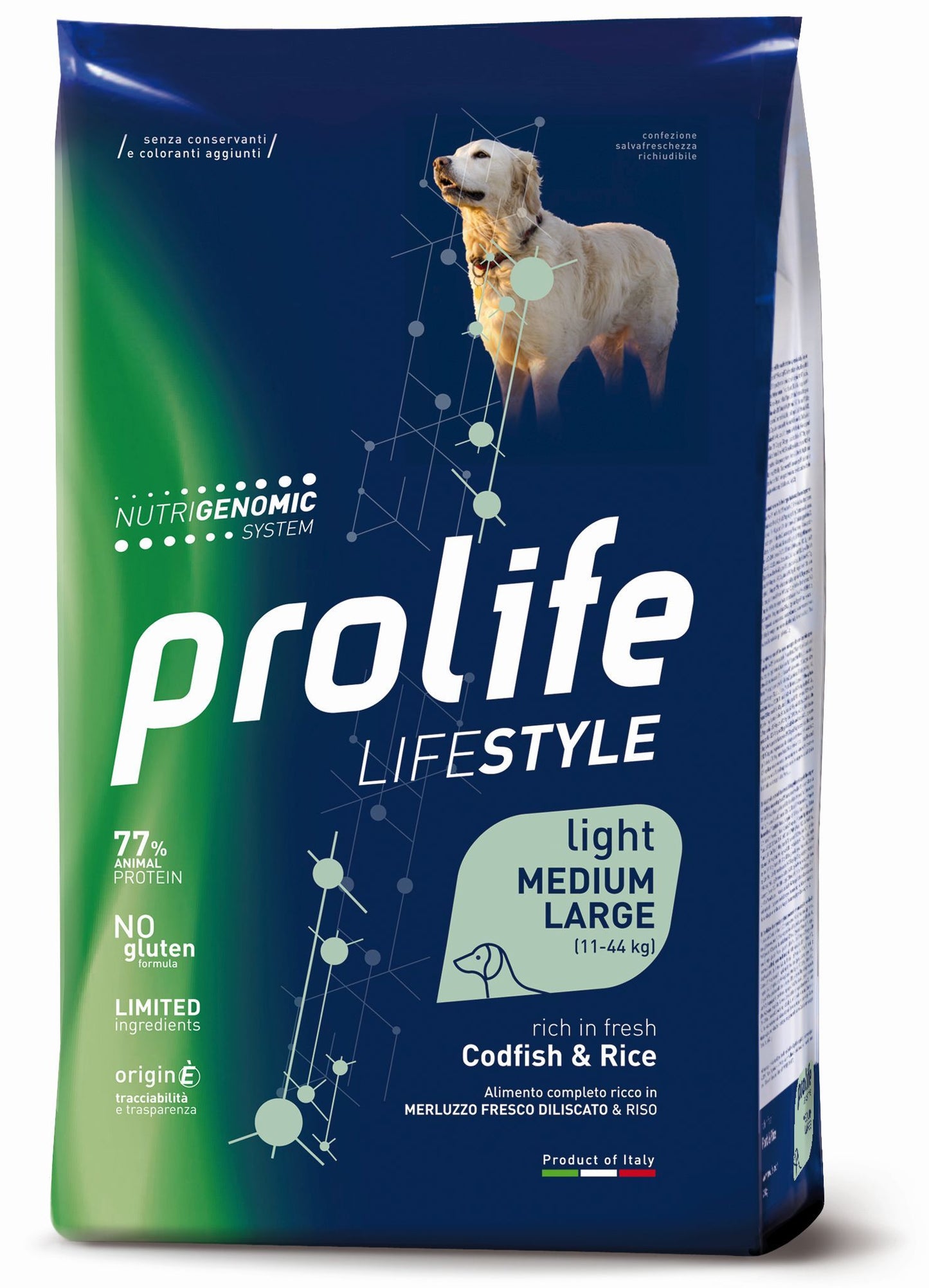 PROLIFE CANE LIFESTYLE LIGHT ADULTO MEDIUM&LARGE MERLUZZO & RISO 12 KG