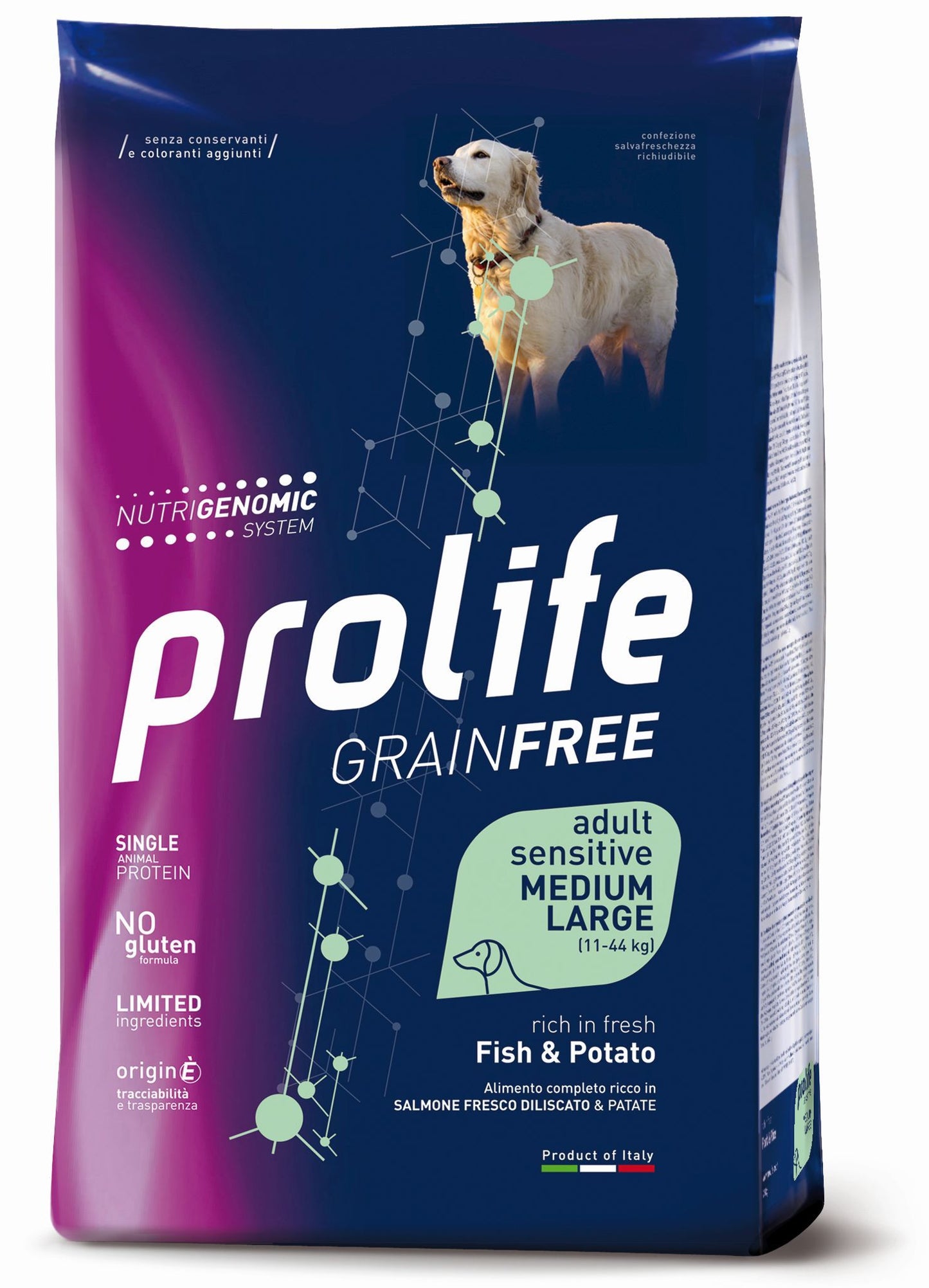 PROLIFE CANE GRAIN FREE SENSITIVE ADULTO MEDIUM&LARGE SALMONE & PATATE 10 KG