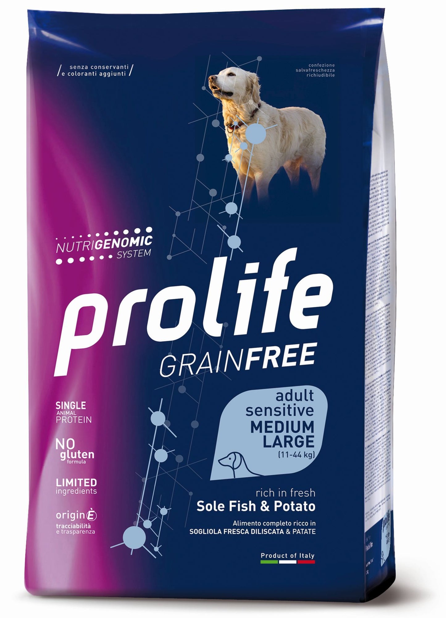PROLIFE CANE GRAIN FREE SENSITIVE ADULTO MEDIUM&LARGE SOGLIOLA & PATATE 2,5 KG