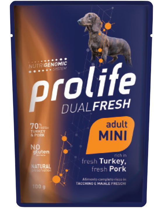 PROLIFE CANE DUAL FRESH ADULTO MINI TACCHINO, MAIALE & RISO BUSTA 100 GR