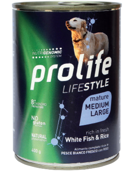 PROLIFE CANE LIFESTYLE MATURE MEDIUM&LARGE PESCE BIANCO & RISO LATTINA 400 GR