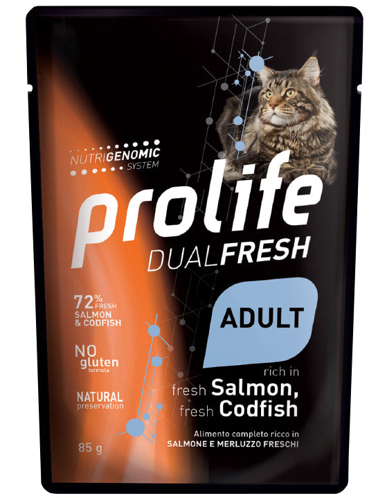 PROLIFE GATTO DUAL FRESH ADULTO SALMONE & MERLUZZO BUSTA 85 GR