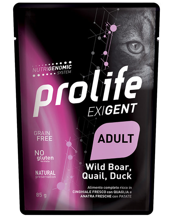 PROLIFE GATTO EXIGENT ADULTO CINGHIALE, QUAGLIA, ANATRA & PATATE BUSTA 85 GR