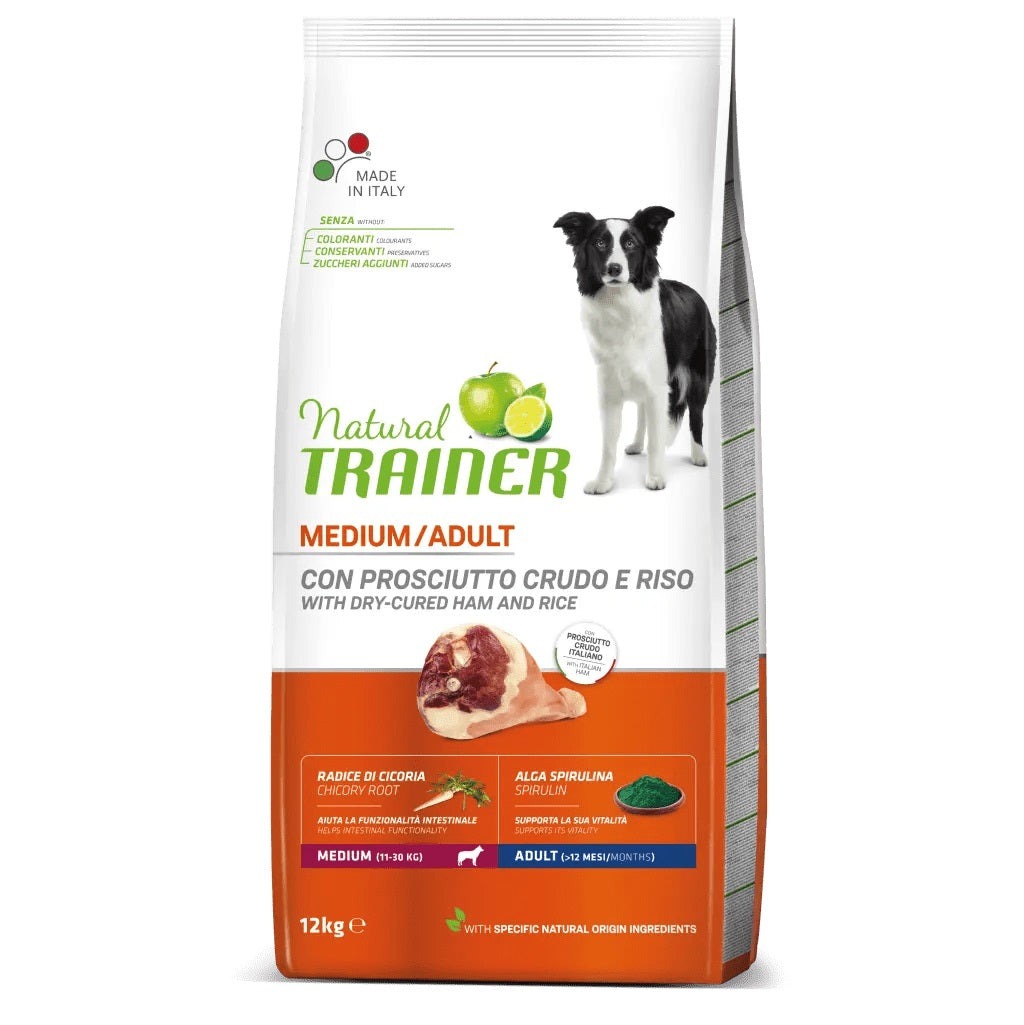 TRAINER CANE NATURAL ADULTO MEDIUM PROSCIUTTO CRUDO & RISO 12 KG