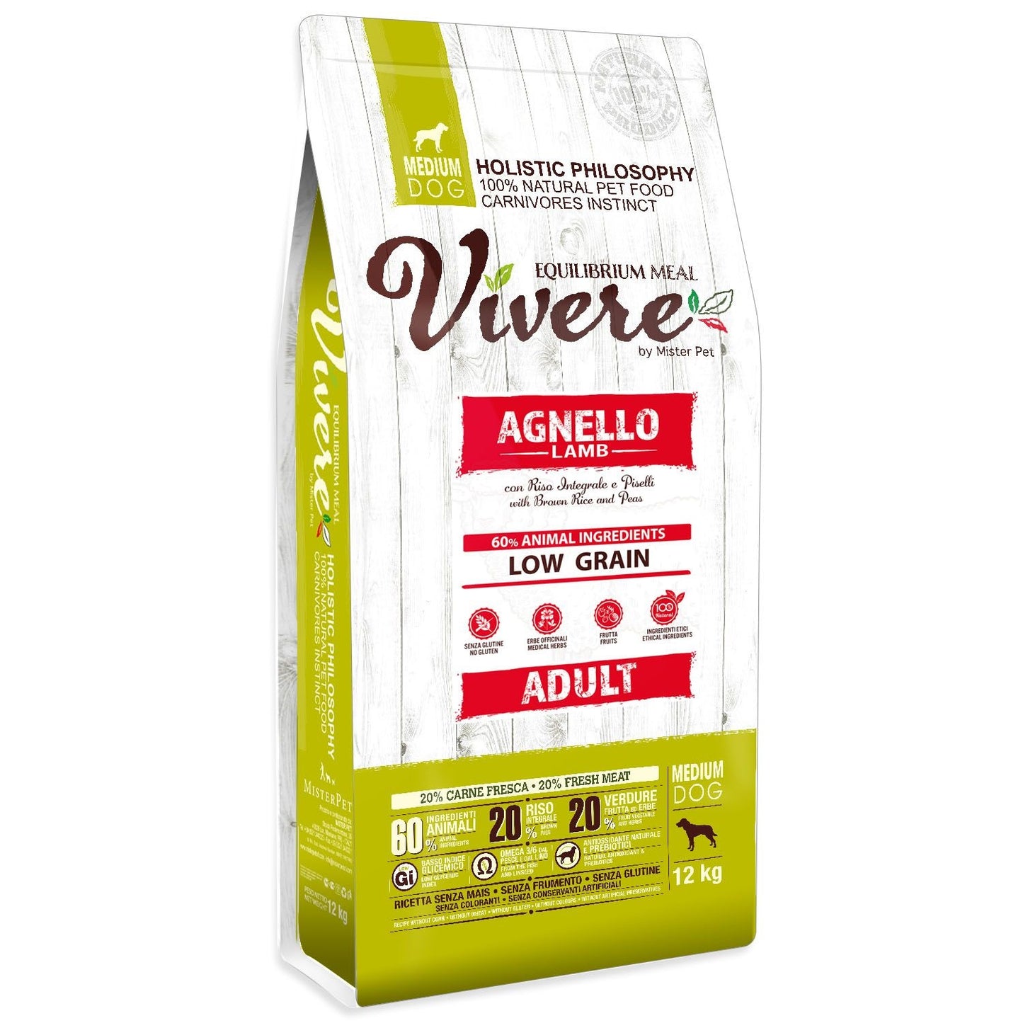 VIVERE CANE ADULTO MEDIUM AGNELLO, RISO INTEGRALE & PISELLI 3 KG