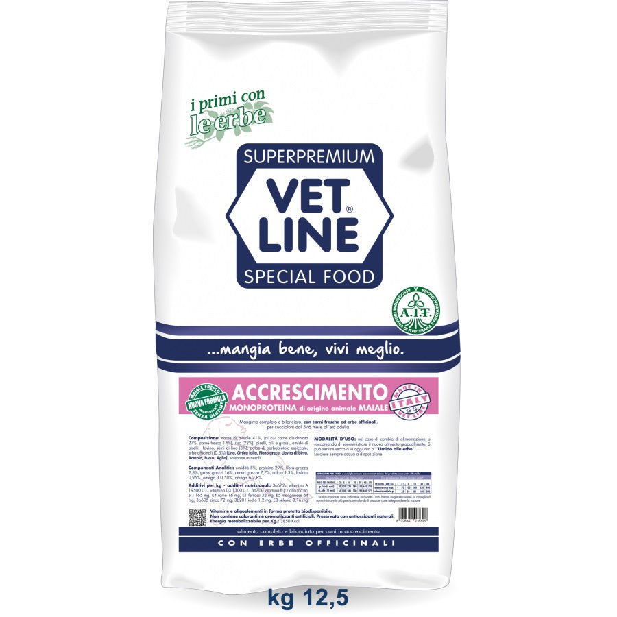VETLINE CANE ACCRESCIMENTO MONOPROTEICO MAIALE 12,5 KG
