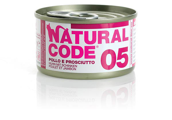 NATURAL CODE GATTO LATTINA (05) ADULTO POLLO & PROSCIUTTO 85 GR