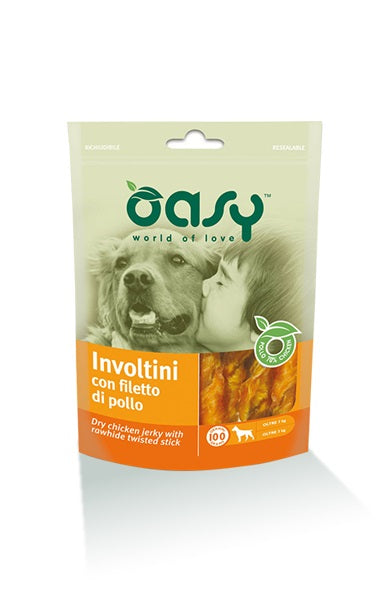 PRODOTTO NON PIU' IN COMMERCIO OASY CANE SNACK BUSTA INVOLTINI CON FILETTO DI POLLO 100 GR