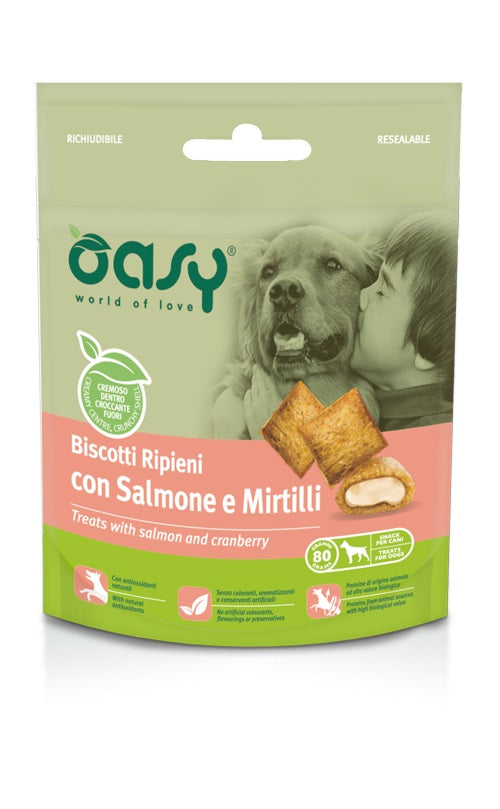OASY CANE SNACK BISCOTTI RIPIENI ADULTO SALMONE & MIRTILLI 80 GR