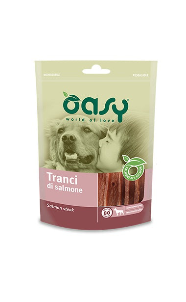 PRODOTTO NON PIU' IN COMMERCIO OASY CANE SNACK BUSTA TRANCI DI SALMONE 80 GR