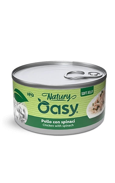 OASY GATTO NATURY SOFT JELLY IN LATTINA ADULTO POLLO & SPINACI 85 GR