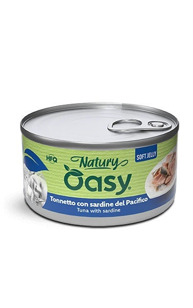 OASY GATTO NATURY SOFT JELLY IN LATTINA ADULTO TONNETTO & SARDINE DEL PACIFICO 85 GR