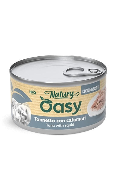 Oasy Gatto Natury Lattina in Brodo di Cottura Adulto Tonnetto & Calamari 85 g
